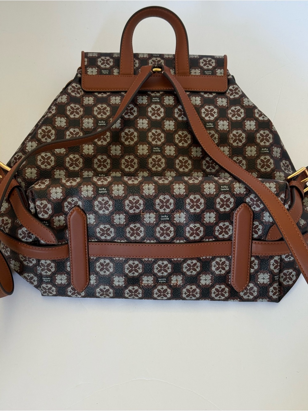 Kate Spade Flower Monogram Medium Backpack Brown Travel Bag - Picture 13 of 14